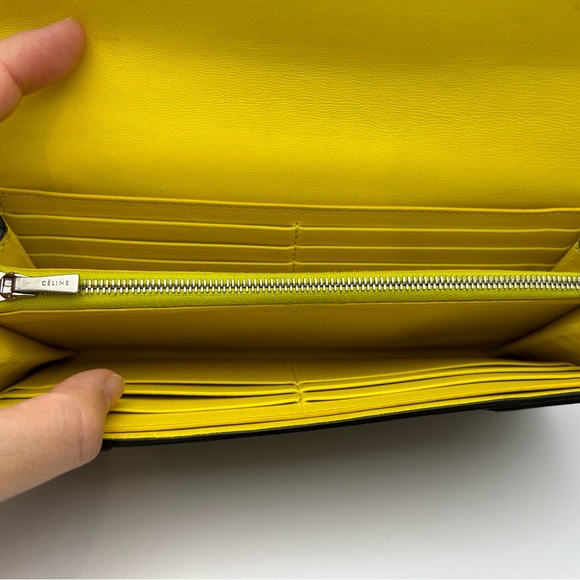 Authenticated Celine Black Flap Long Wallet, Double Snap, Yellow Interior - Picture 6 of 13
